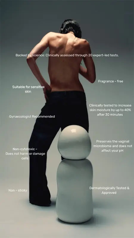 A woman stands topless with her back to the camera, wearing loose denim next to a Ples’Jour Opal bottle. Text overlays describe Opal’s clinical credentials - dermatologist and gynaecologist tested, non-cytotoxic, fragrance-free, and suitable for sensitive skin. The image feels intimate and authoritative, blending sensuality with scientific integrity.